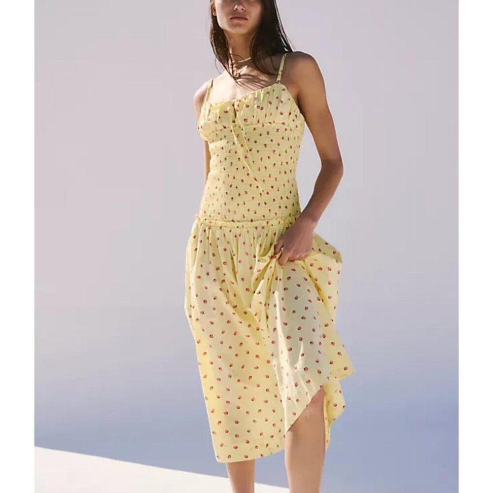 Free People‎ Lavender Daze Dress Yellow and Pink Strawberry Midi Drop Waist Sz M